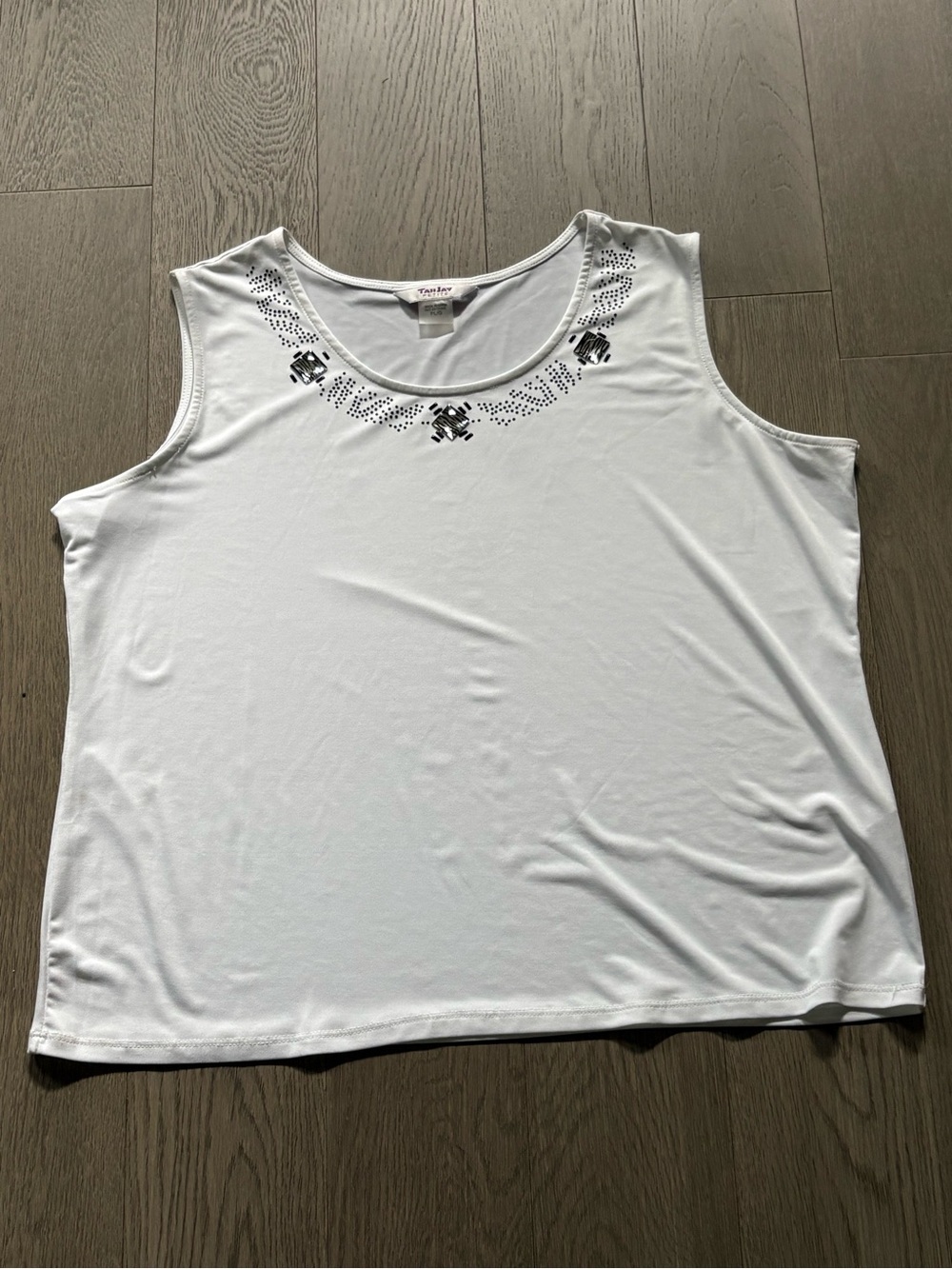 TanJay White Tank Top with Black Beading Neck Detail